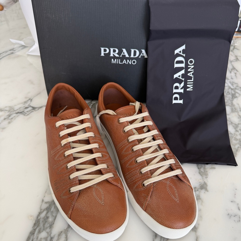 Prada Milano 2EE448 Mens Brown Pebbled Leather Low Top Sneakers, UK 10